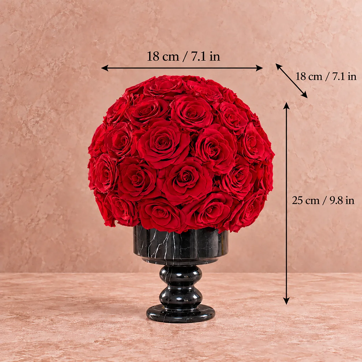 Ruby Rose Dome size chart: 18 cm long, 18 cm wide, 25 cm tall