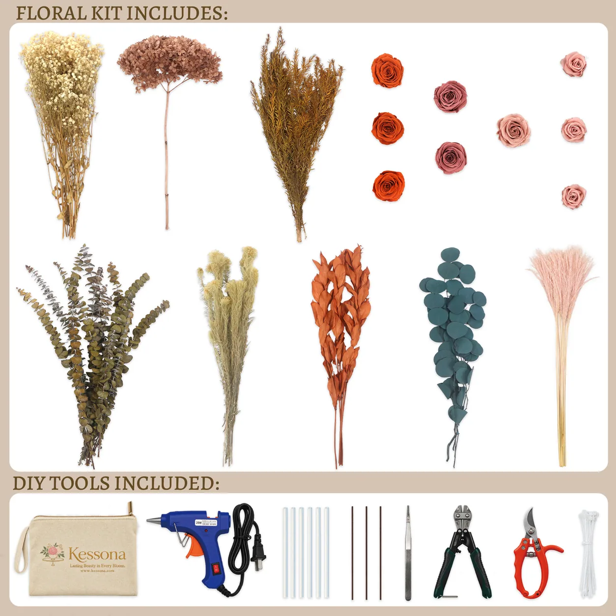 Rust & Mauve Preserved Bouquet DIY kit contents: stems, tools and step-by-step guide
