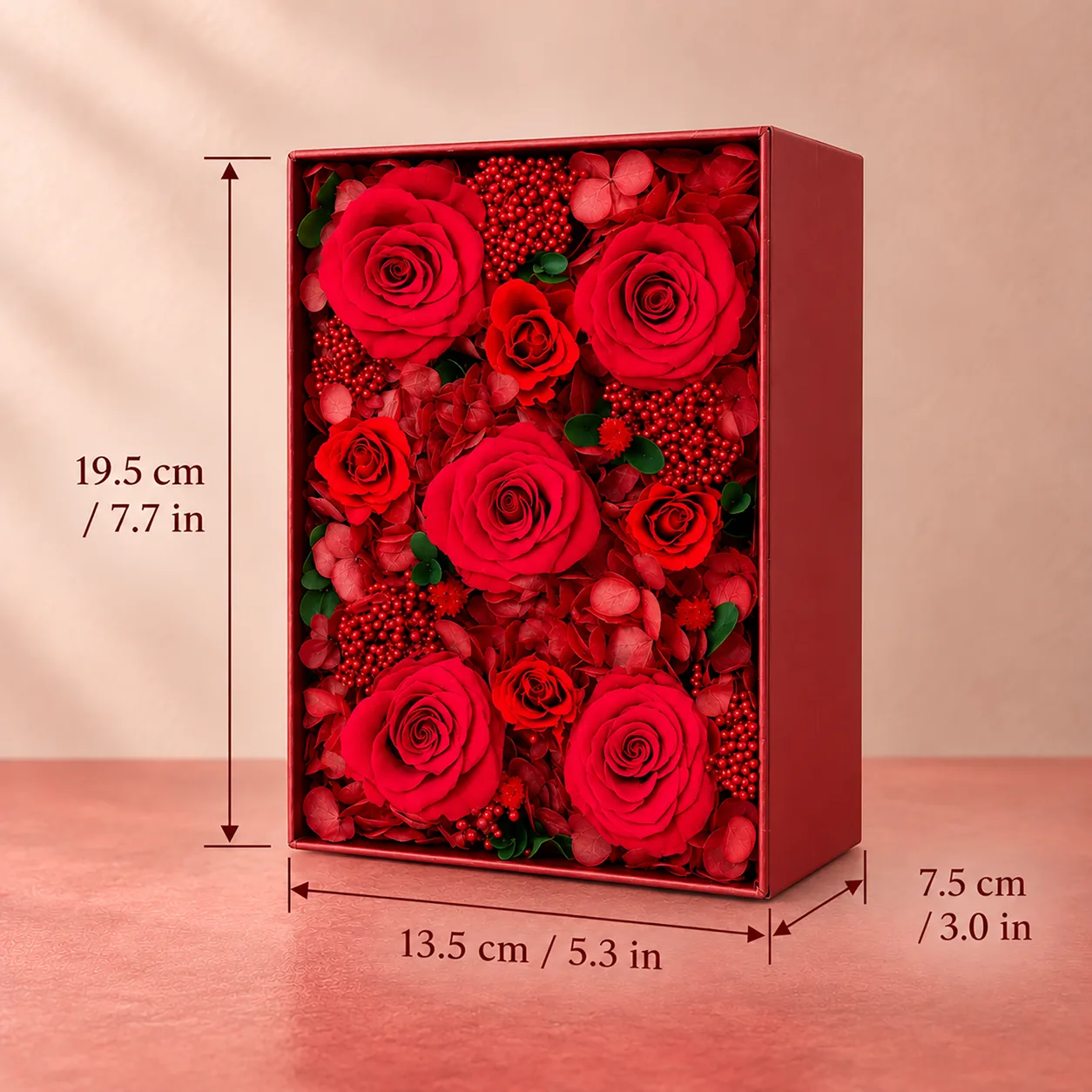 Scarlet Rose Flower Box size chart: 13.5 cm long, 19.5 cm wide, 7.5 cm tall
