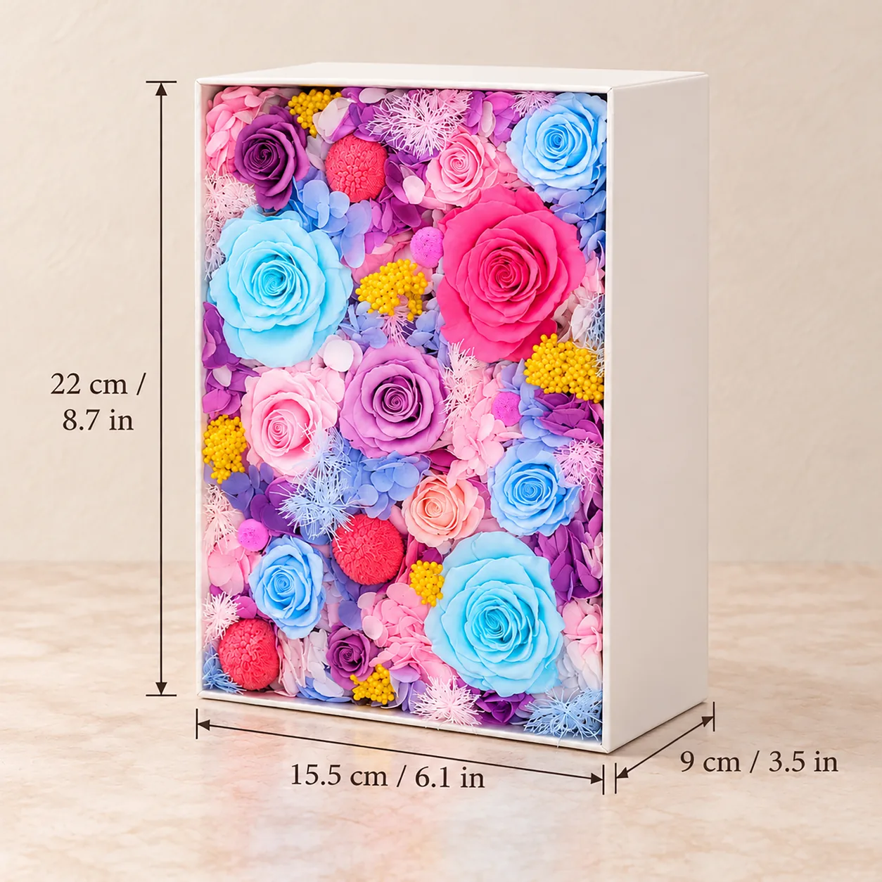Sky Pastel Flower Box size chart: 15.5 cm long, 22 cm wide, 9 cm tall