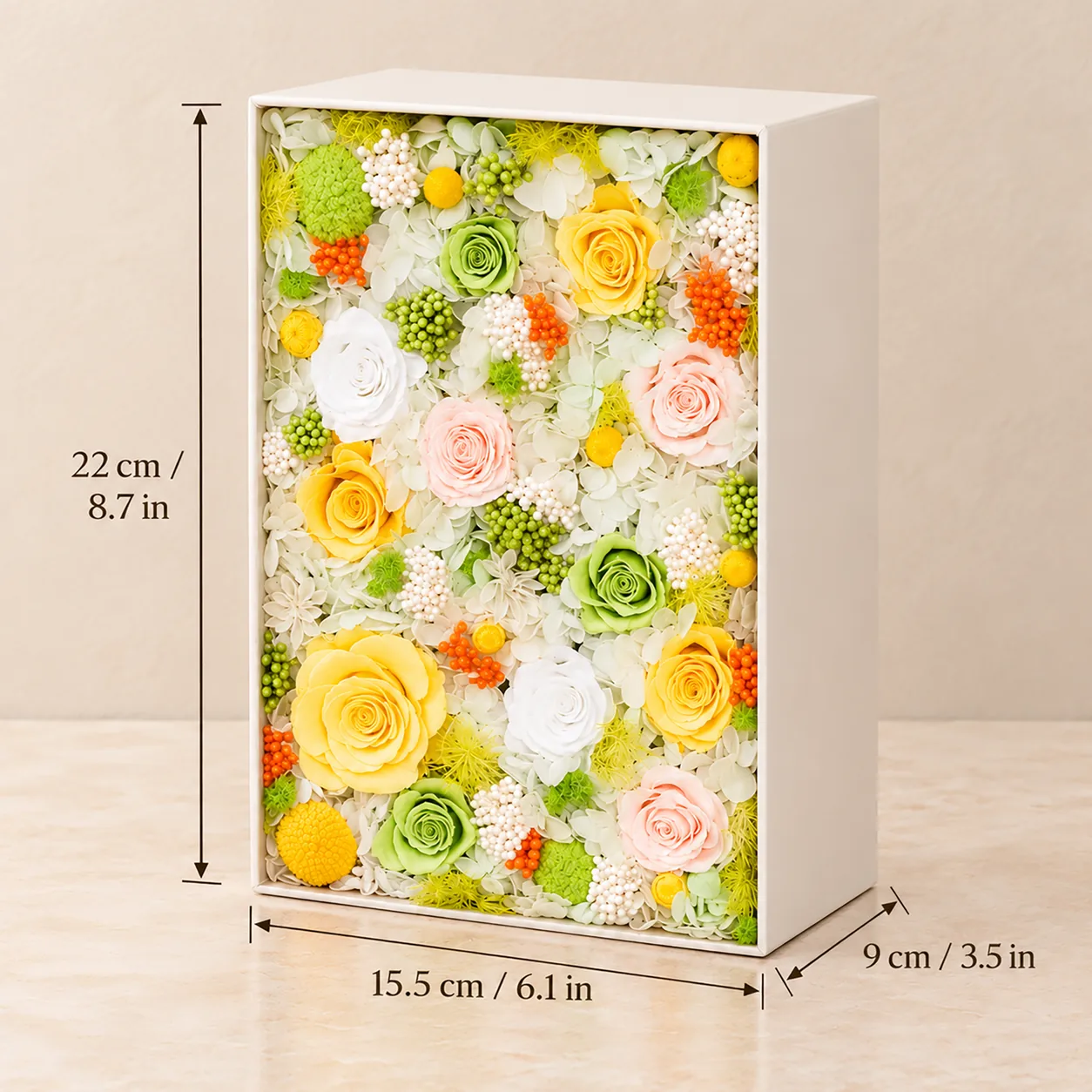 Spring Meadow Flower Box size chart: 15.5 cm long, 22 cm wide, 9 cm tall
