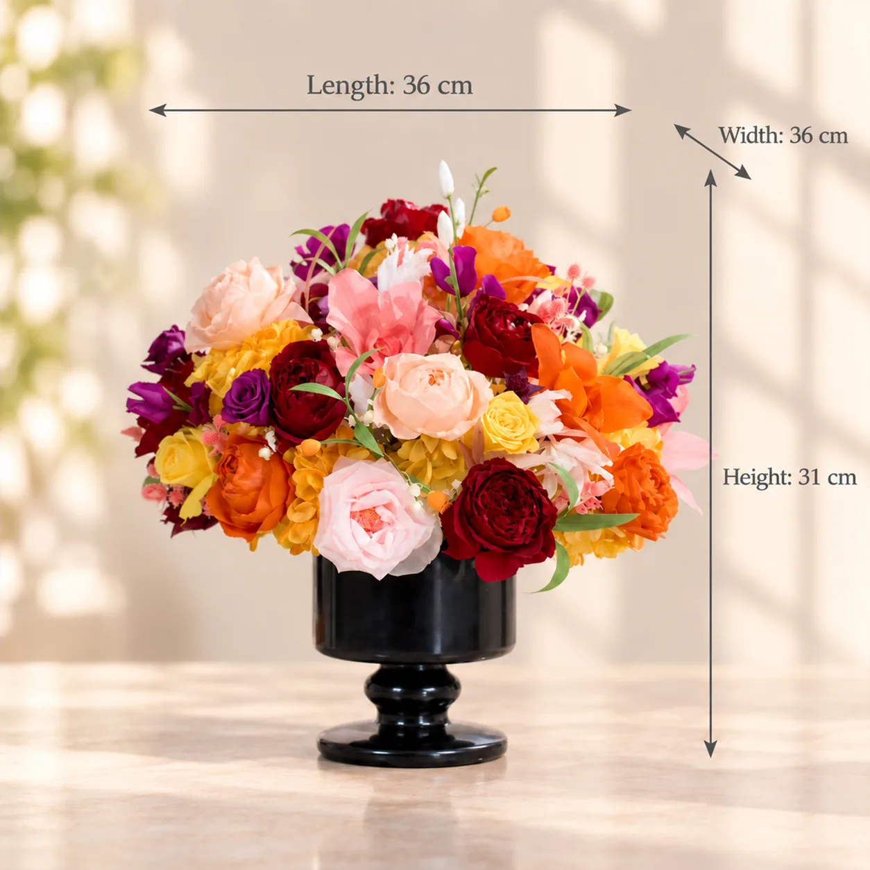Sunset Garden Marble Arrangement size chart: 36 cm long, 36 cm wide, 31 cm tall