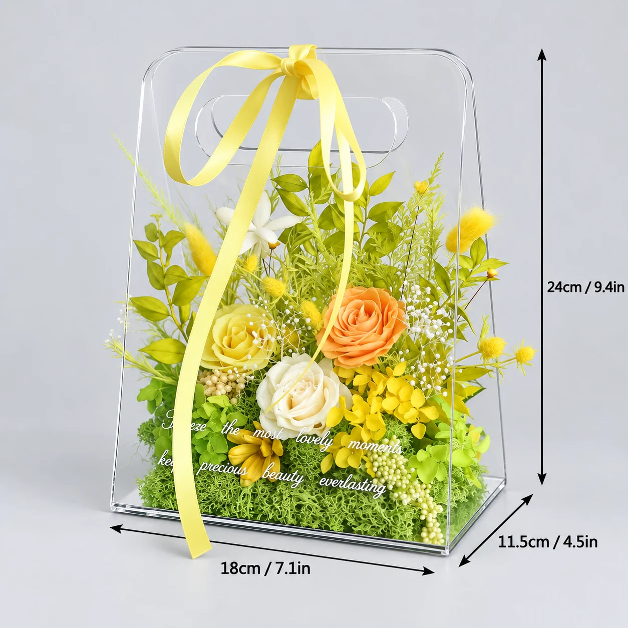 Sunshine Acrylic Tote Flower Box size chart: 18 cm long, 11.5 cm wide, 24 cm tall