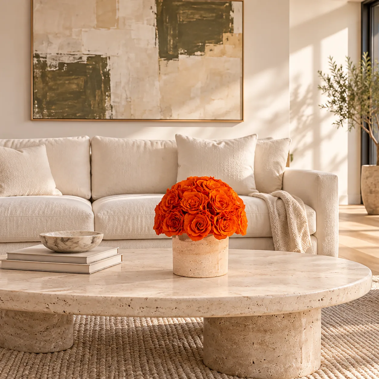 Tangerine Rose Dome on a coffee table