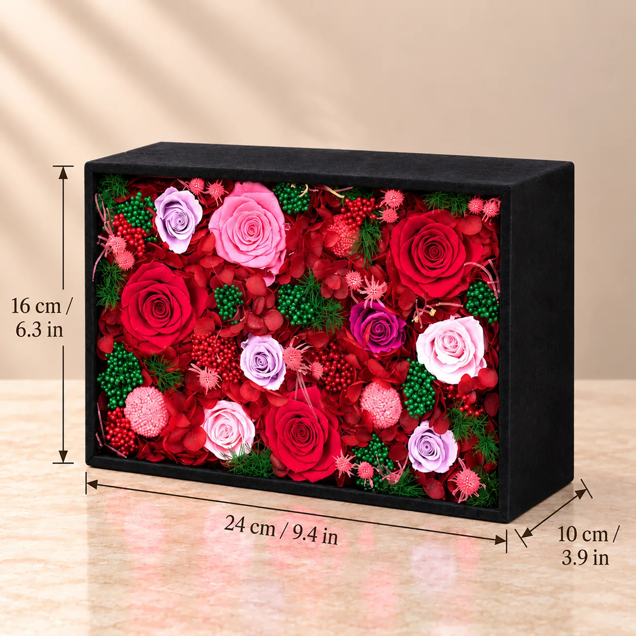 Velvet Crimson Flower Box size chart: 24 cm long, 16 cm wide, 10 cm tall