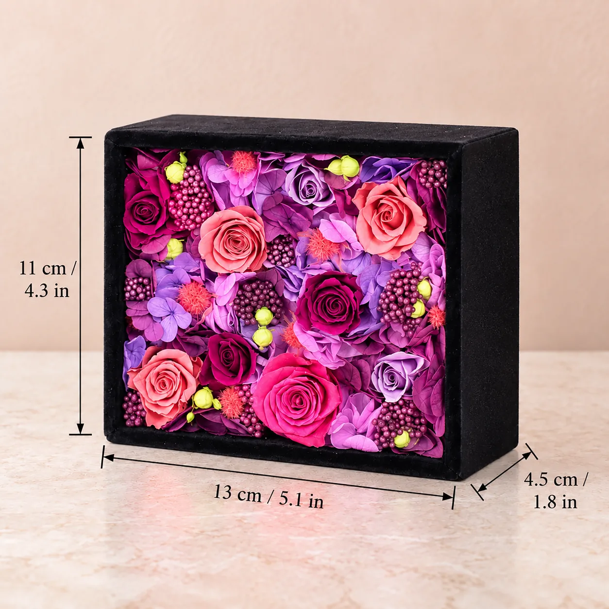 Velvet Kiss Flower Box size chart: 13 cm long, 11 cm wide, 4.5 cm tall