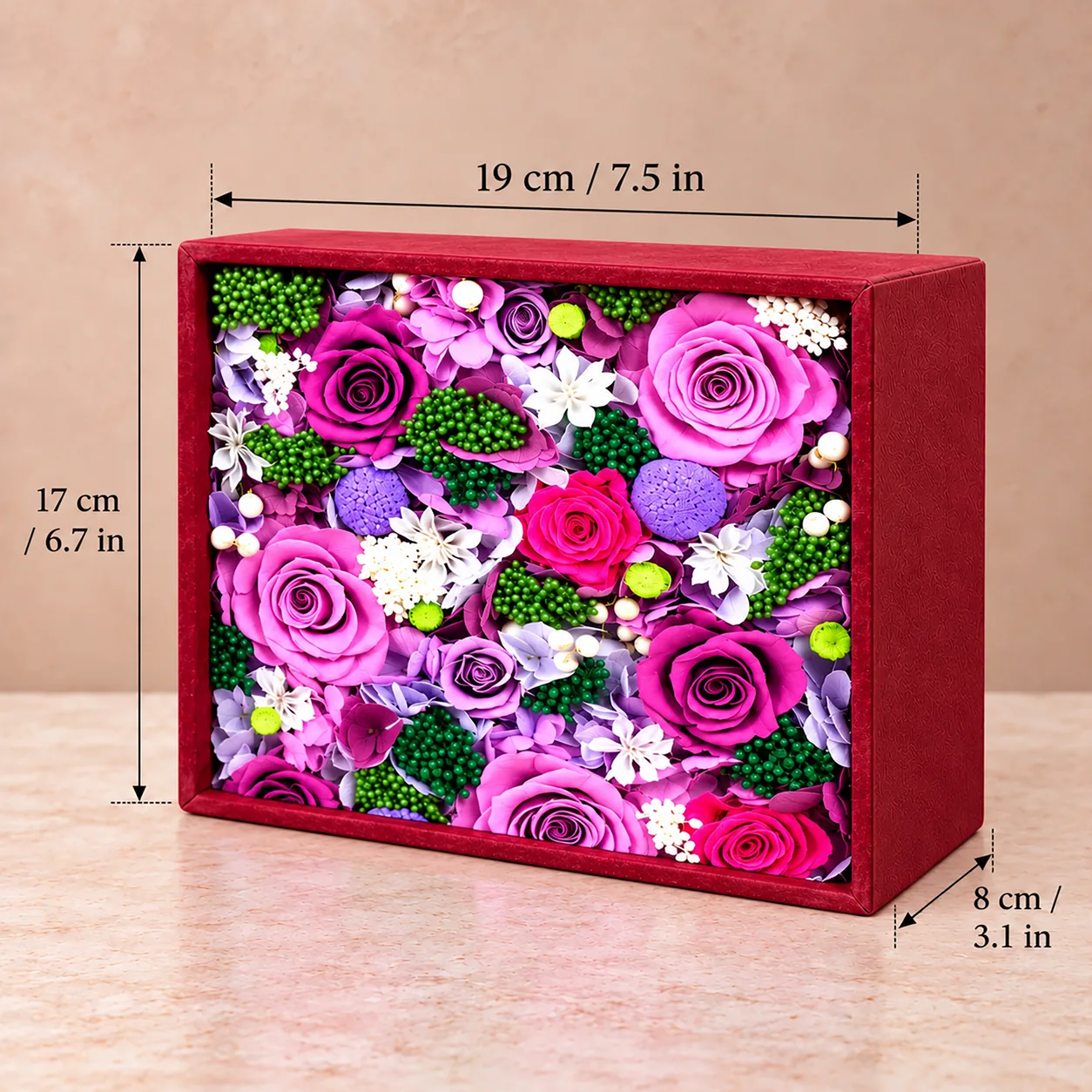 Velvet Orchid Flower Box size chart: 19 cm long, 17 cm wide, 8 cm tall