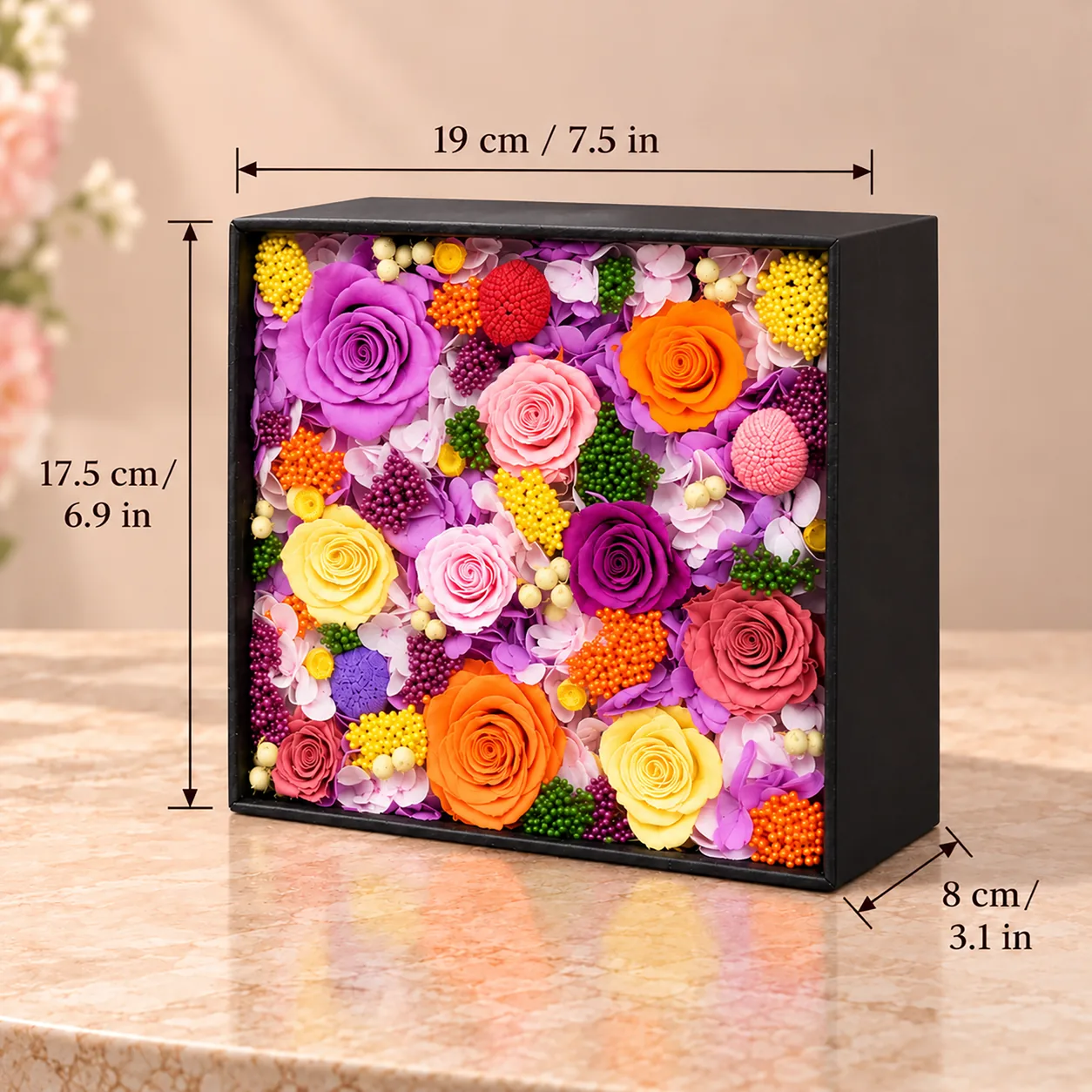 Velvet Rainbow Flower Box size chart: 19 cm long, 17.5 cm wide, 8 cm tall