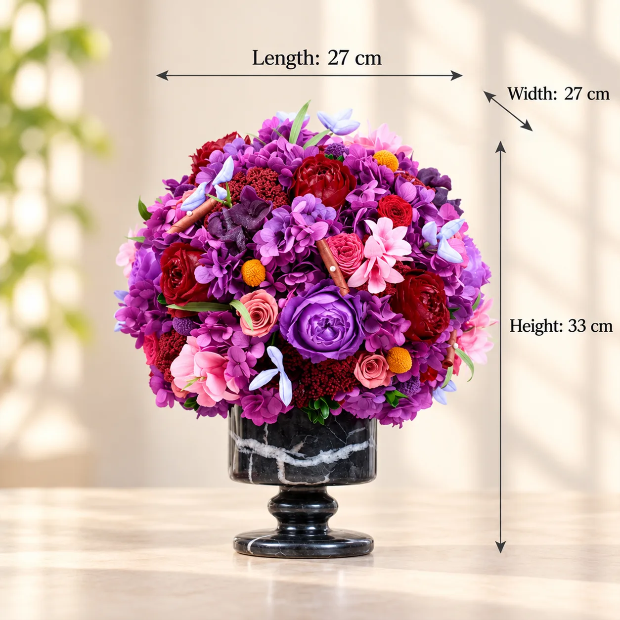 Violet Velvet Marble Arrangement size chart: 27 cm long, 27 cm wide, 33 cm tall