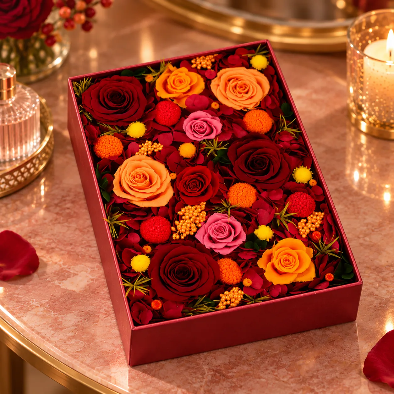 Amber Flame Flower Box on a desk