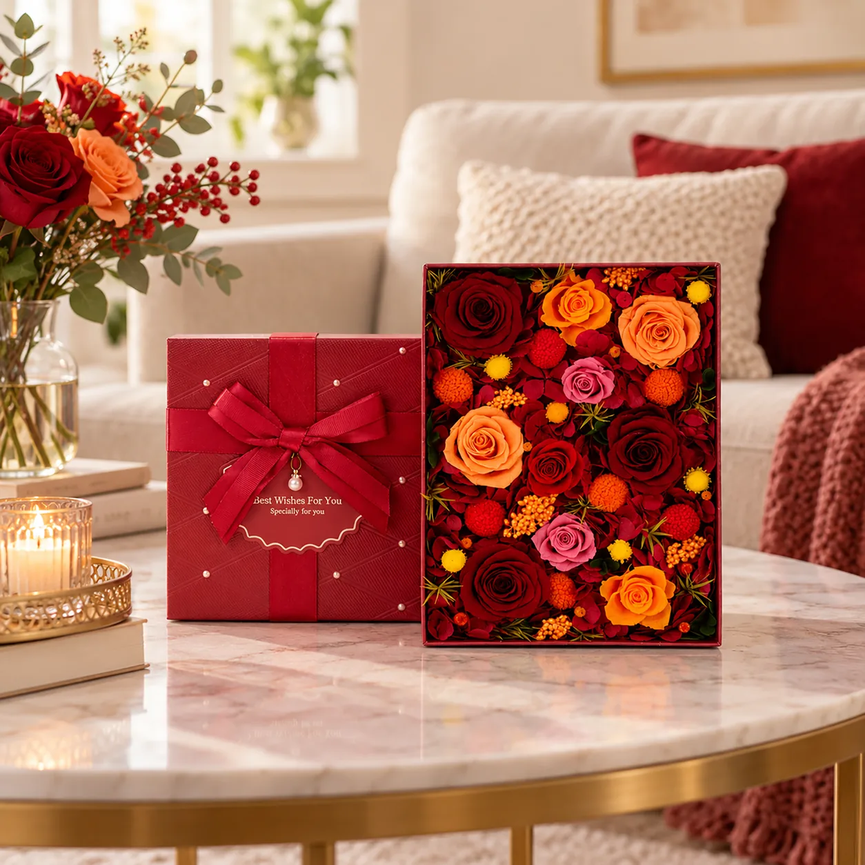 Amber Flame Flower Box on a desk