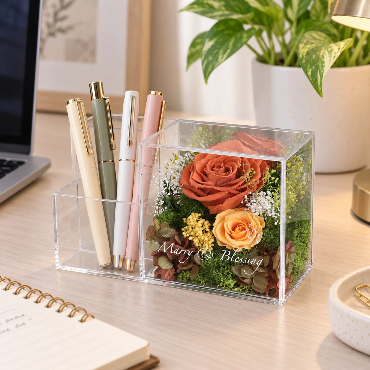 Amber Rose Pen Holder Flower Box on a desk