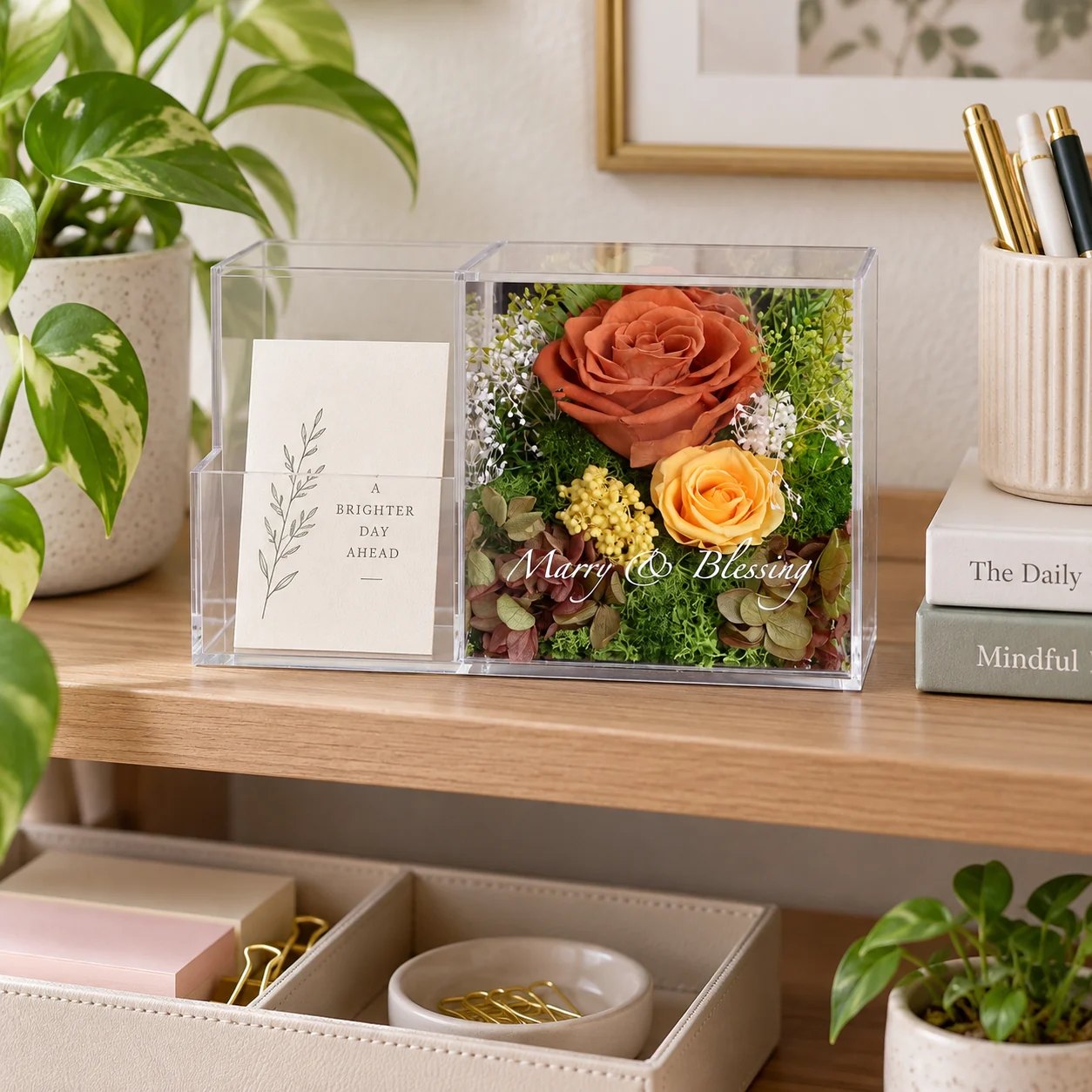 Amber Rose Pen Holder Flower Box on a desk