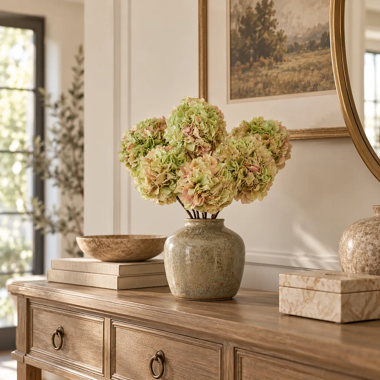 Antique Green Hydrangea Stems on a dining table