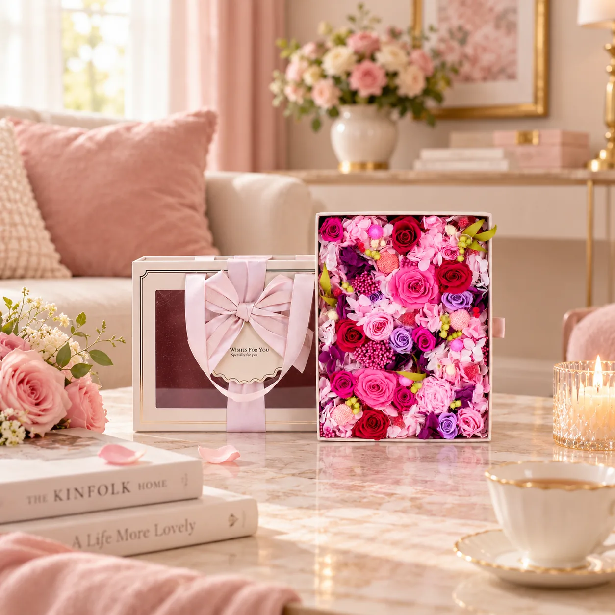 Berry Blush Flower Box on a desk