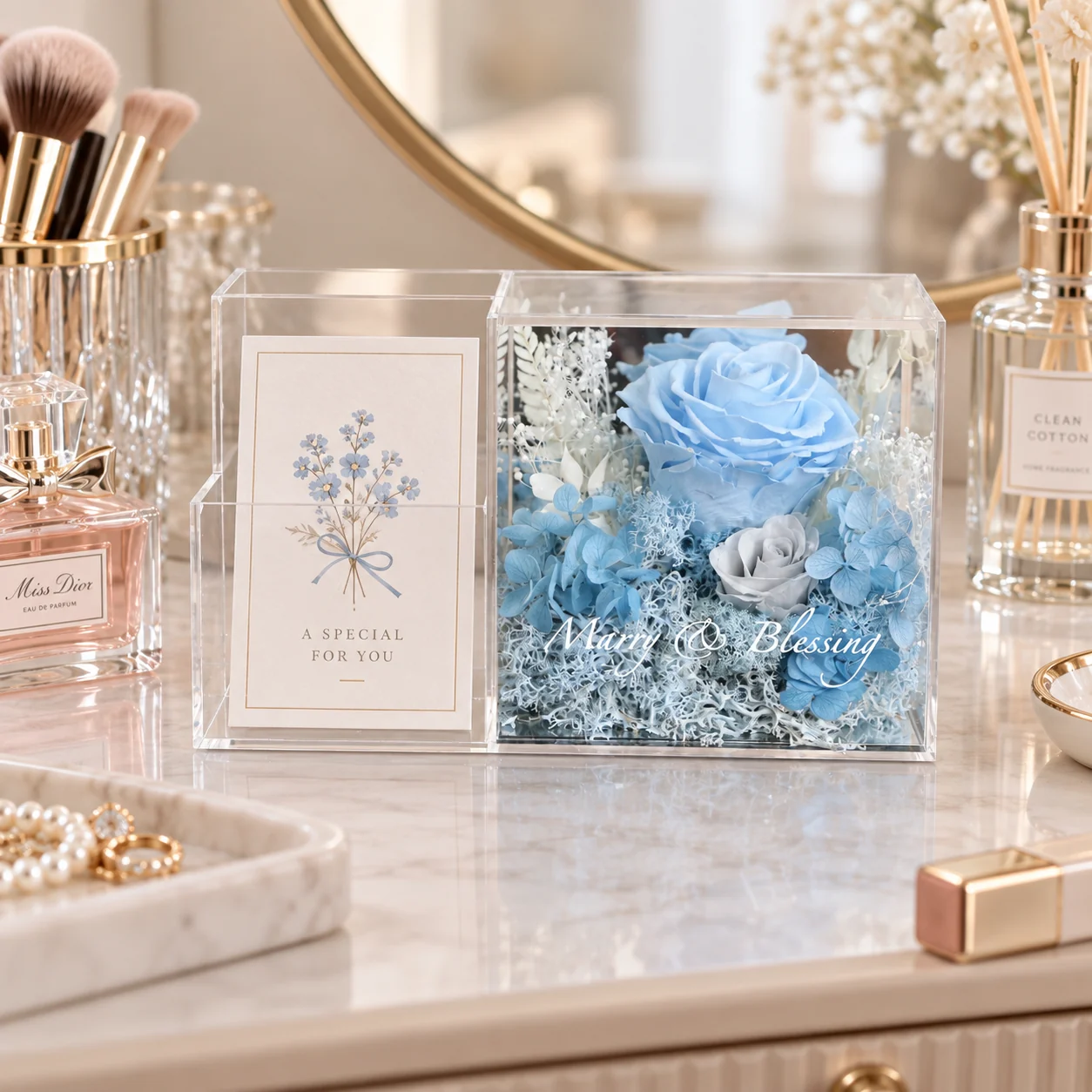 Blue Rose Pen Holder Flower Box on a desk
