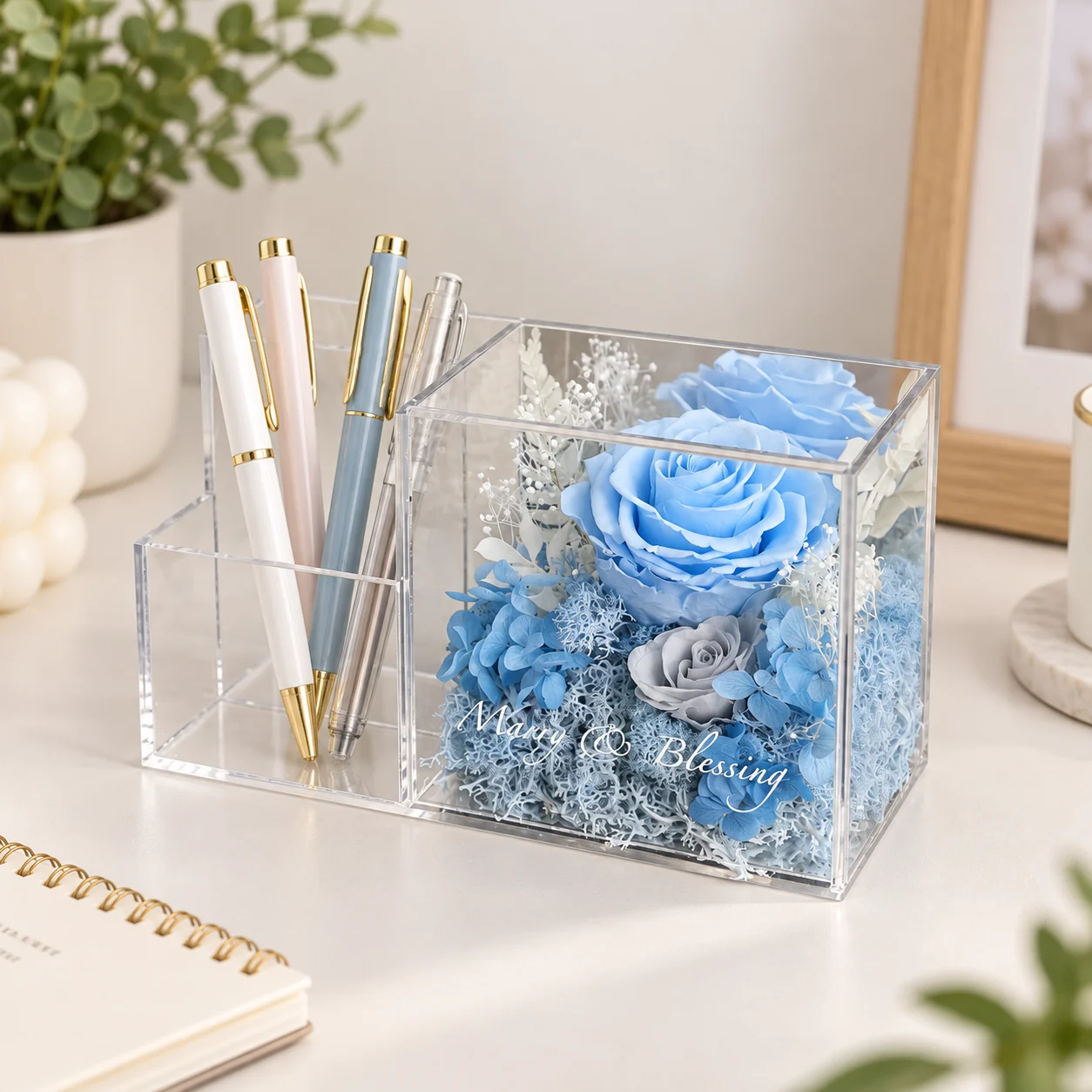 Blue Rose Pen Holder Flower Box on a desk