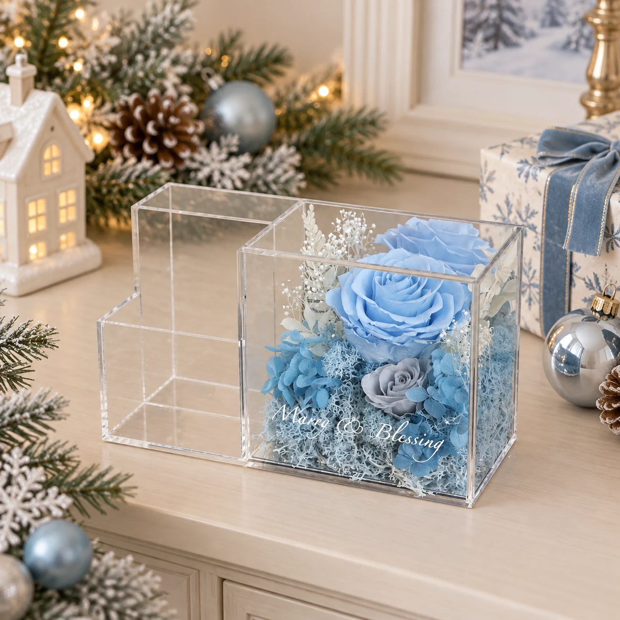 Blue Rose Pen Holder Flower Box on a desk