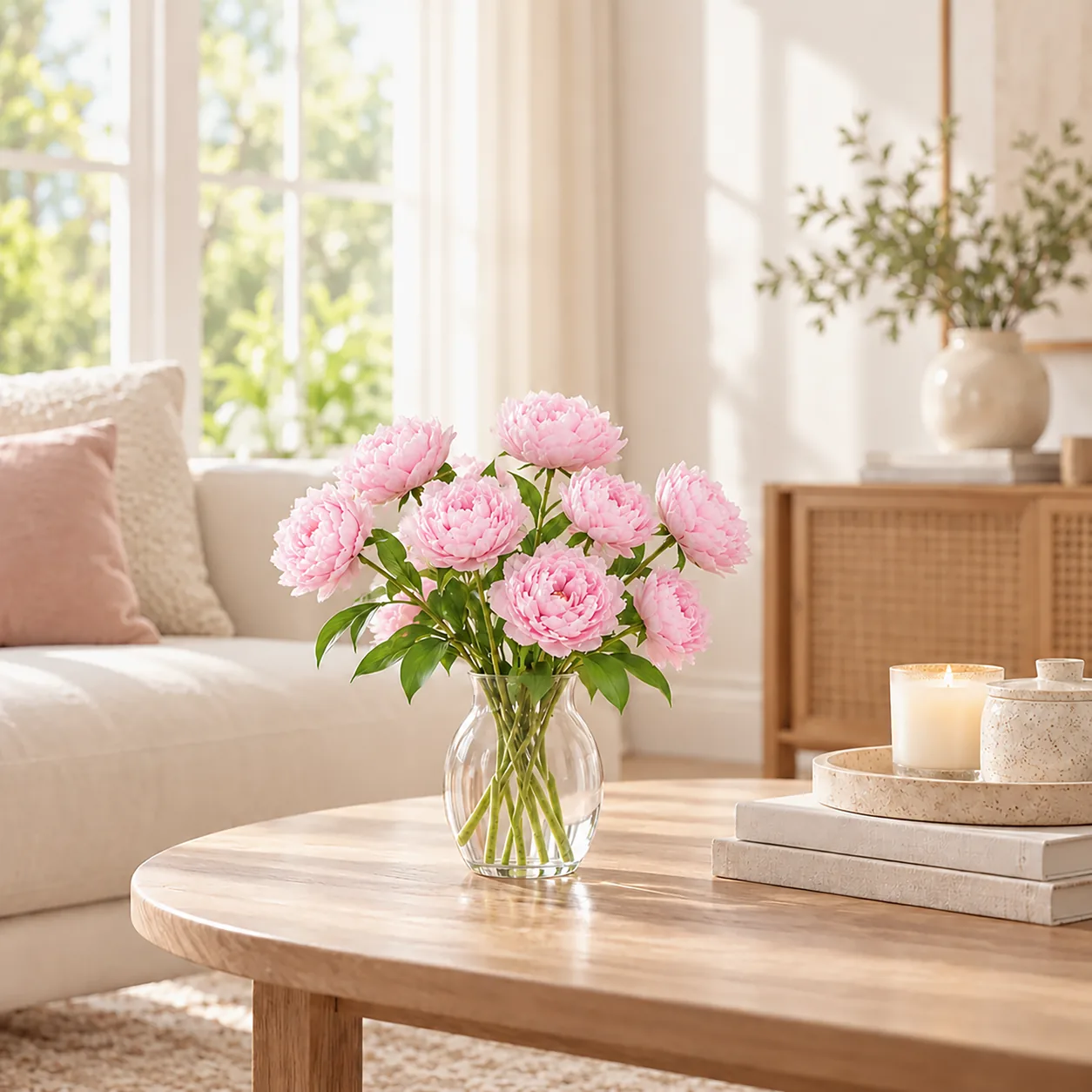 Blush Pink Peony Stems on a dining table