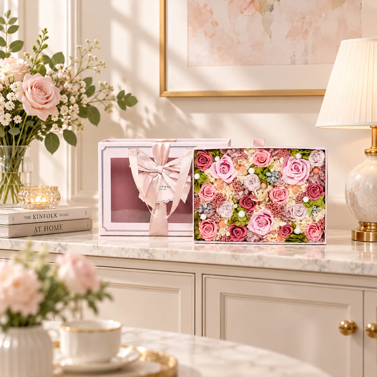 Blush Rose Garden Flower Box on a desk