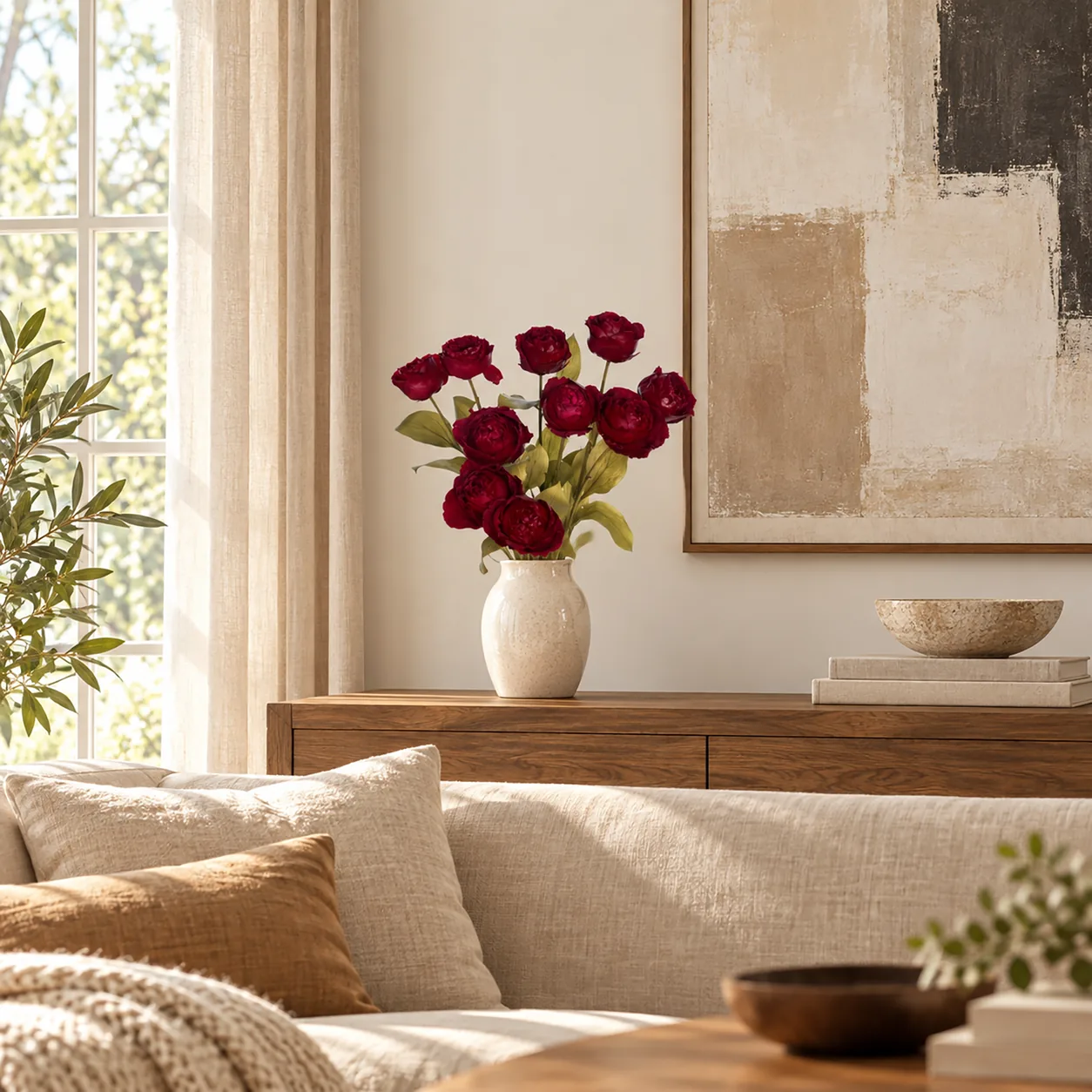 Burgundy Garden Rose Stems on a dining table