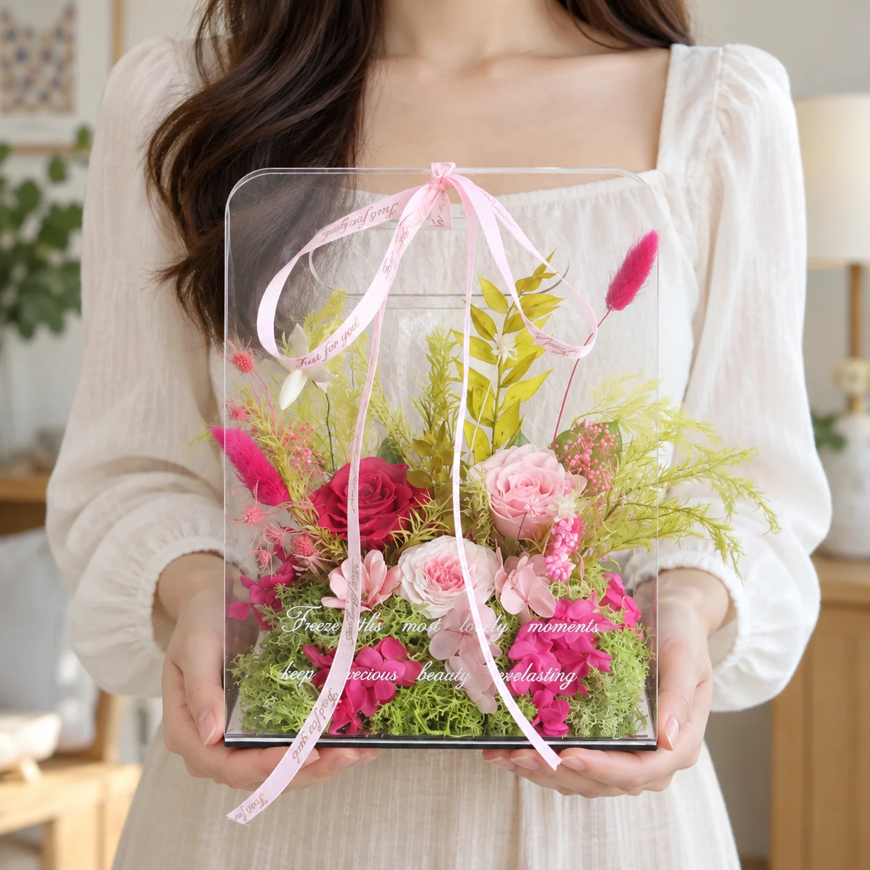 Candy Pink Acrylic Tote Flower Box on a desk