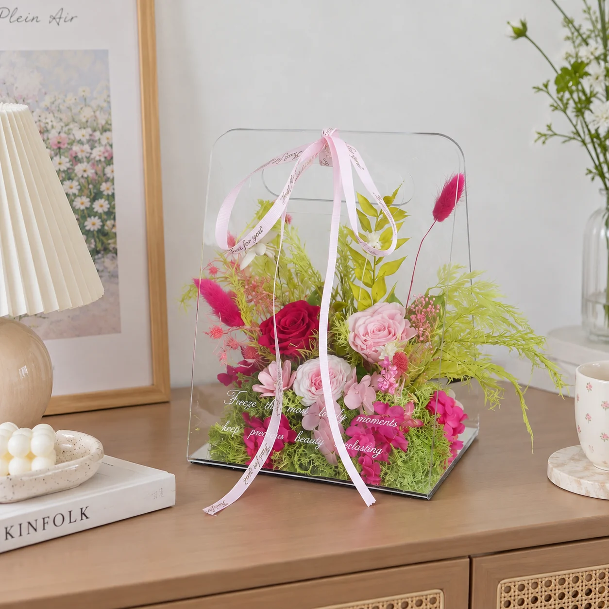 Candy Pink Acrylic Tote Flower Box on a desk