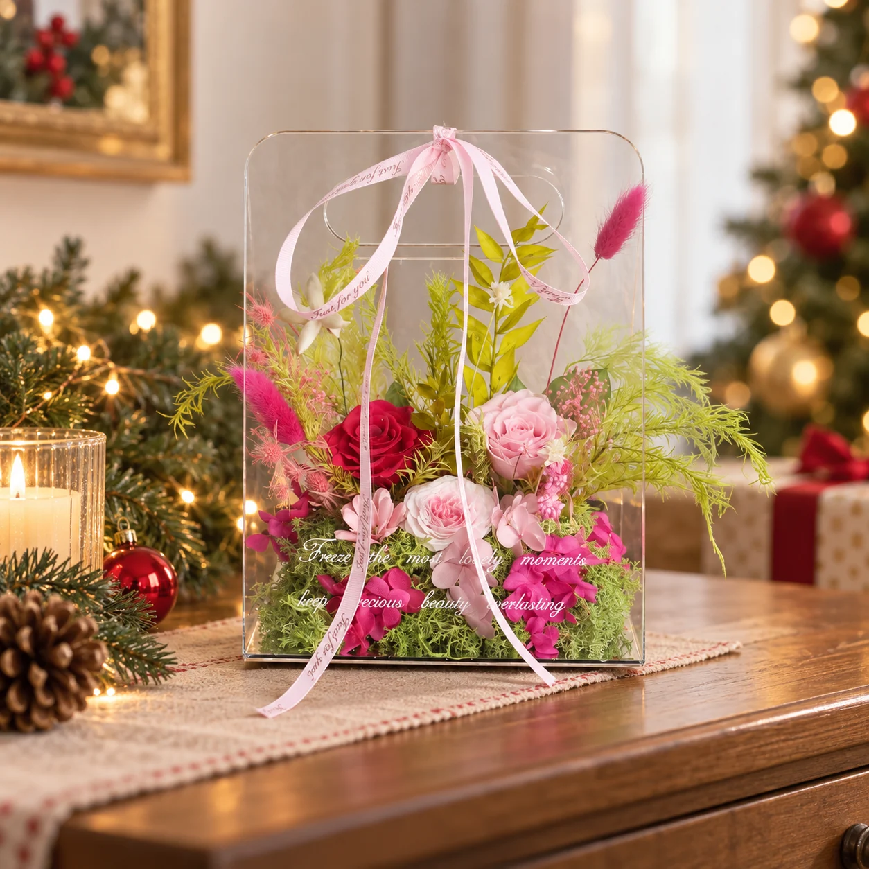 Candy Pink Acrylic Tote Flower Box on a desk