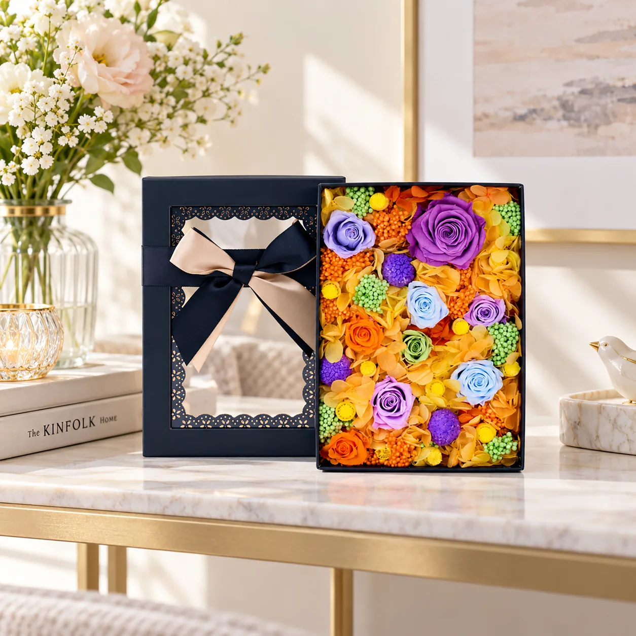 Citrus Violet Flower Box on a desk