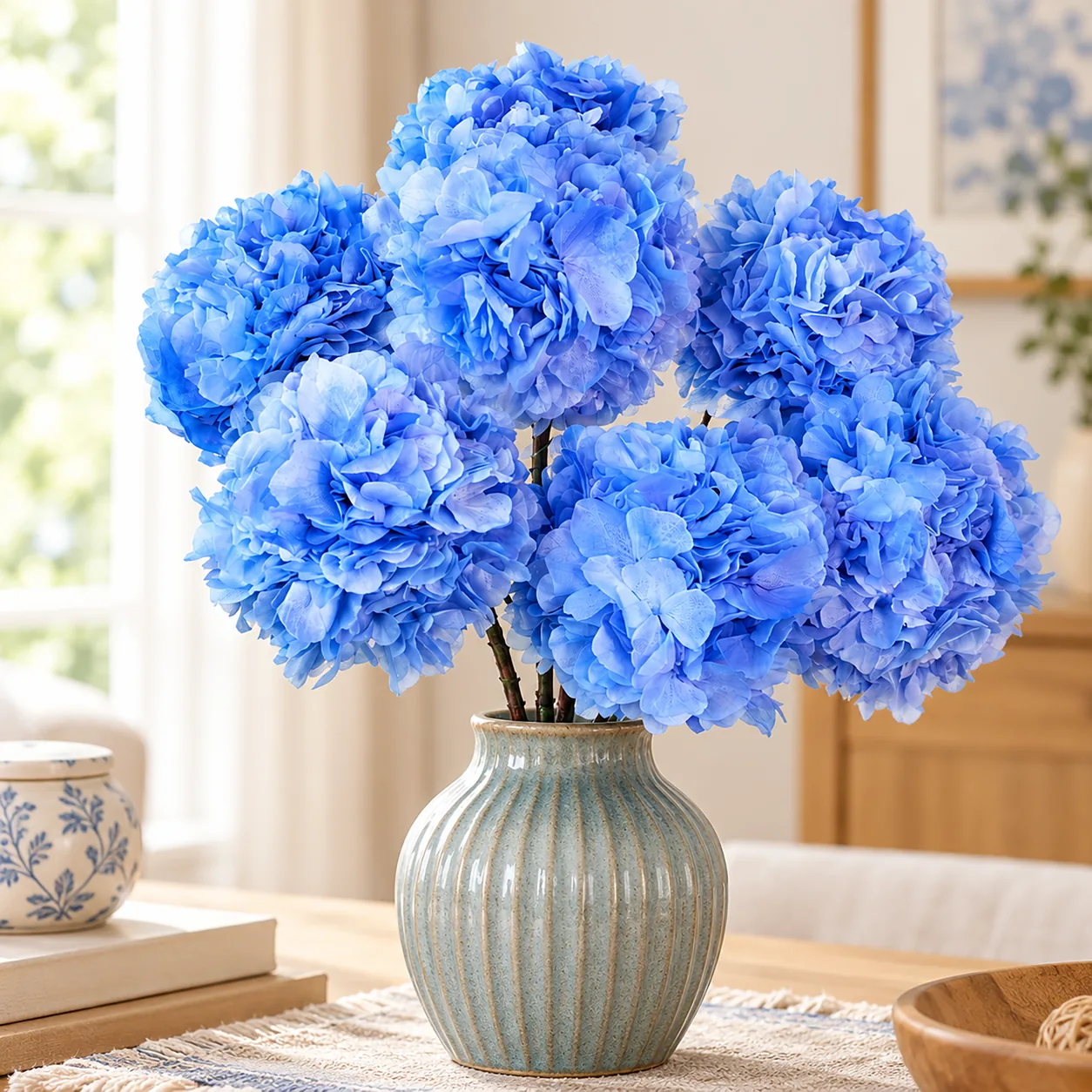Cornflower Blue Hydrangea Stems on a dining table