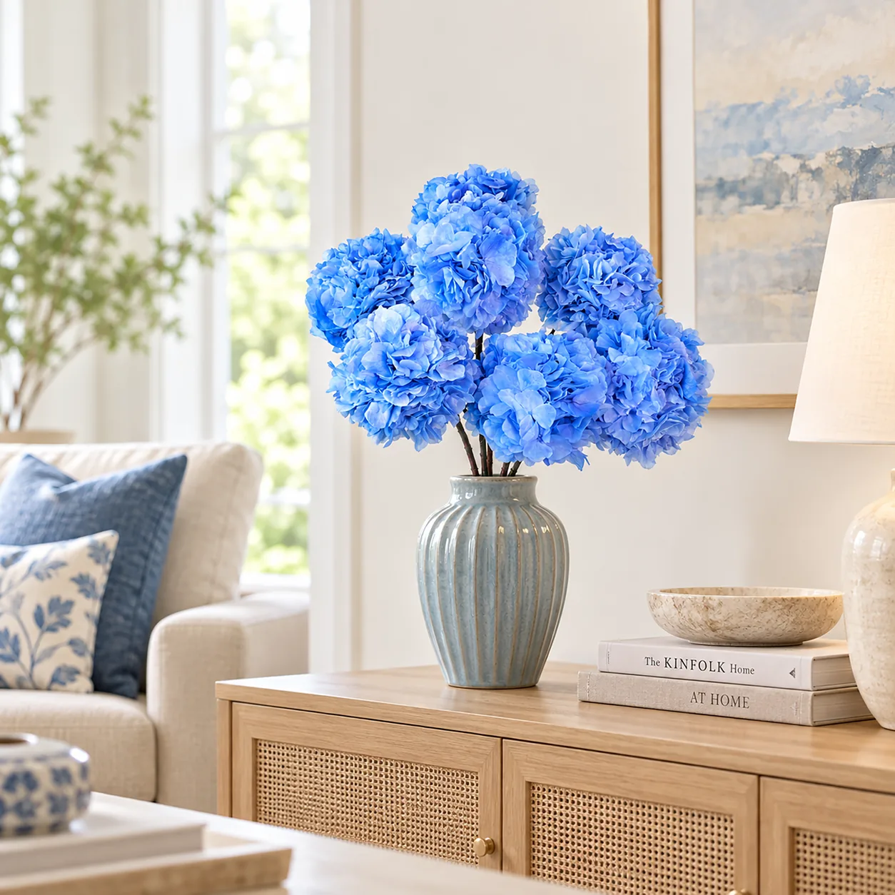 Cornflower Blue Hydrangea Stems on a dining table