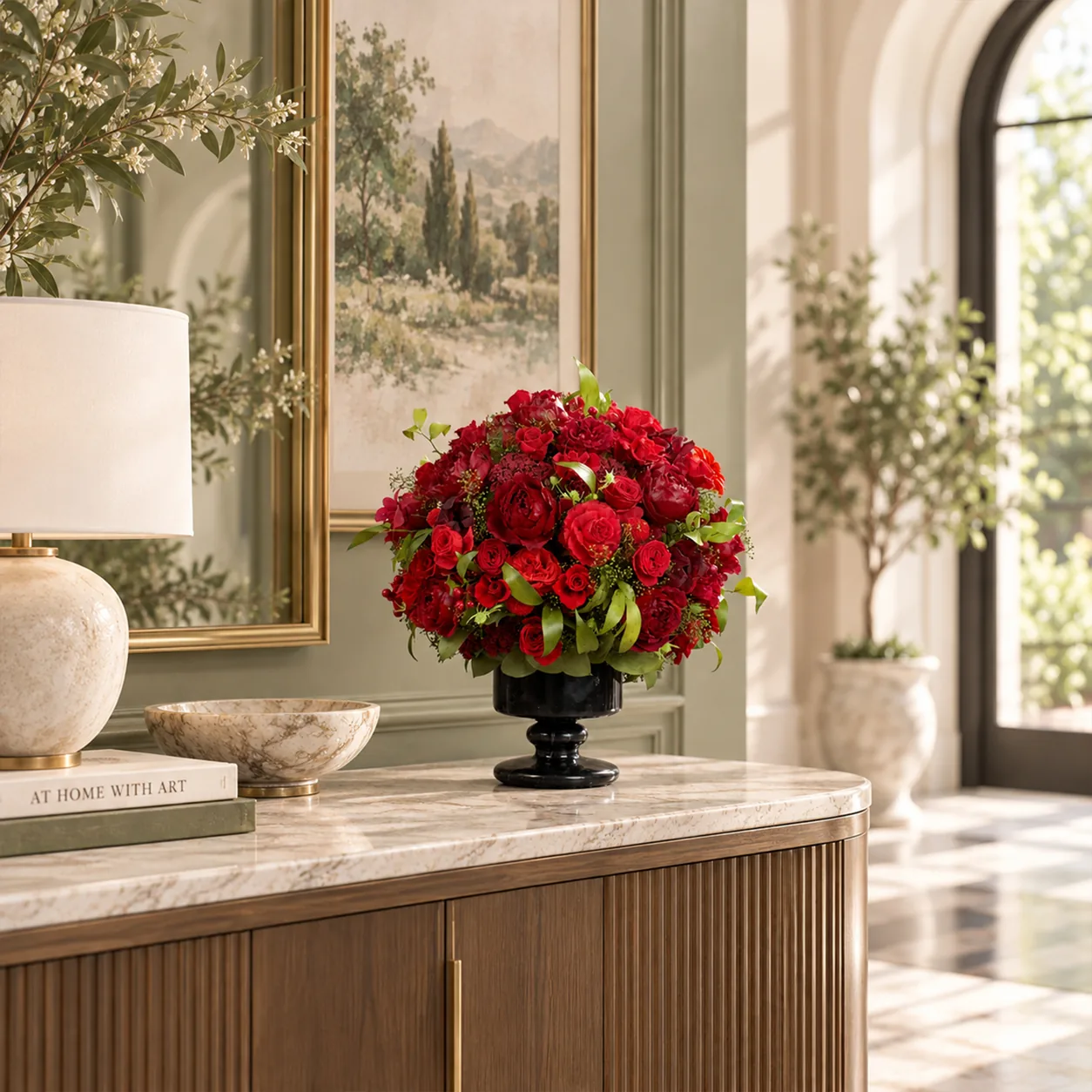 Crimson Rose Marble Arrangement on a dining table