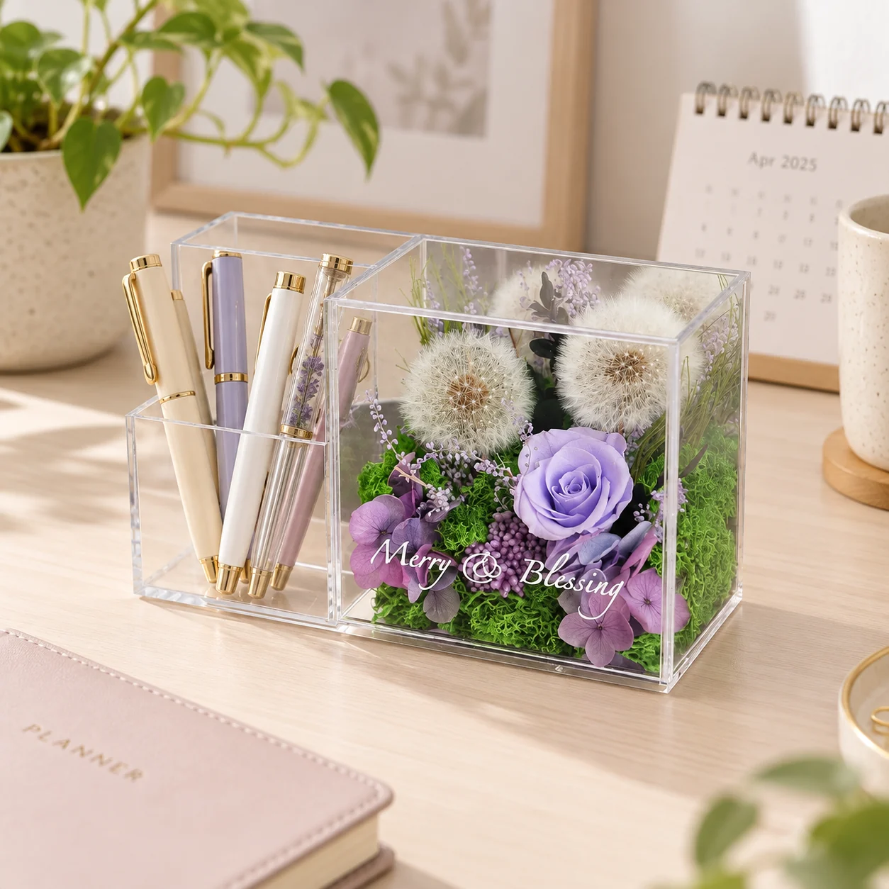 Dandelion Lilac Pen Holder Flower Box on a desk
