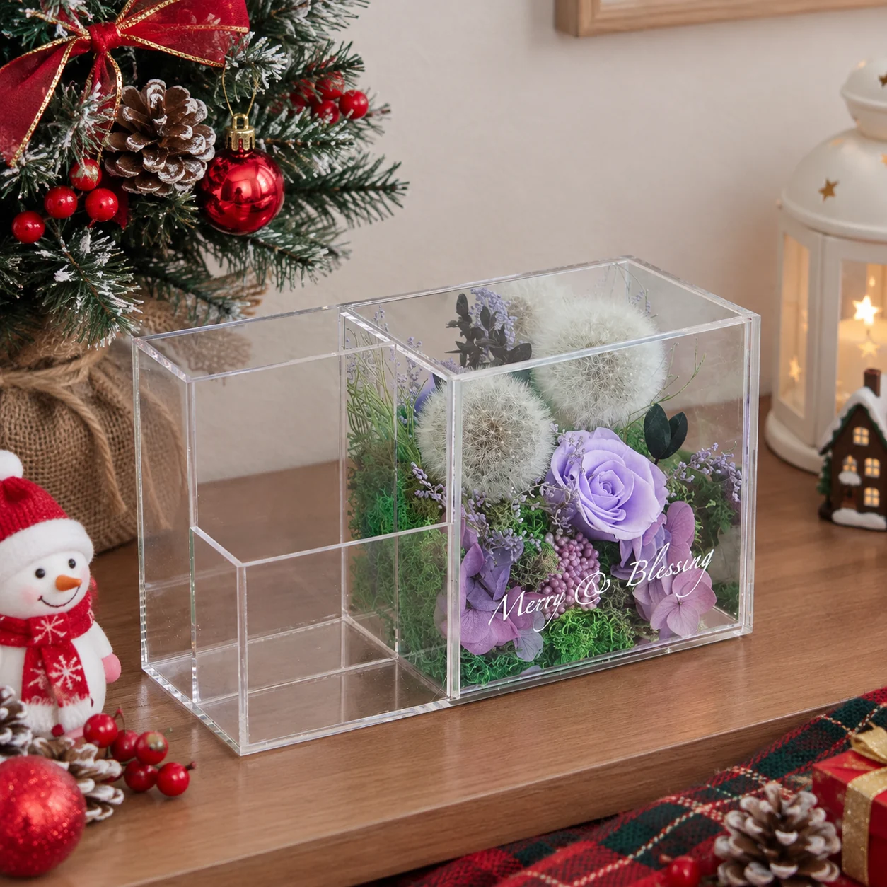 Dandelion Lilac Pen Holder Flower Box on a desk