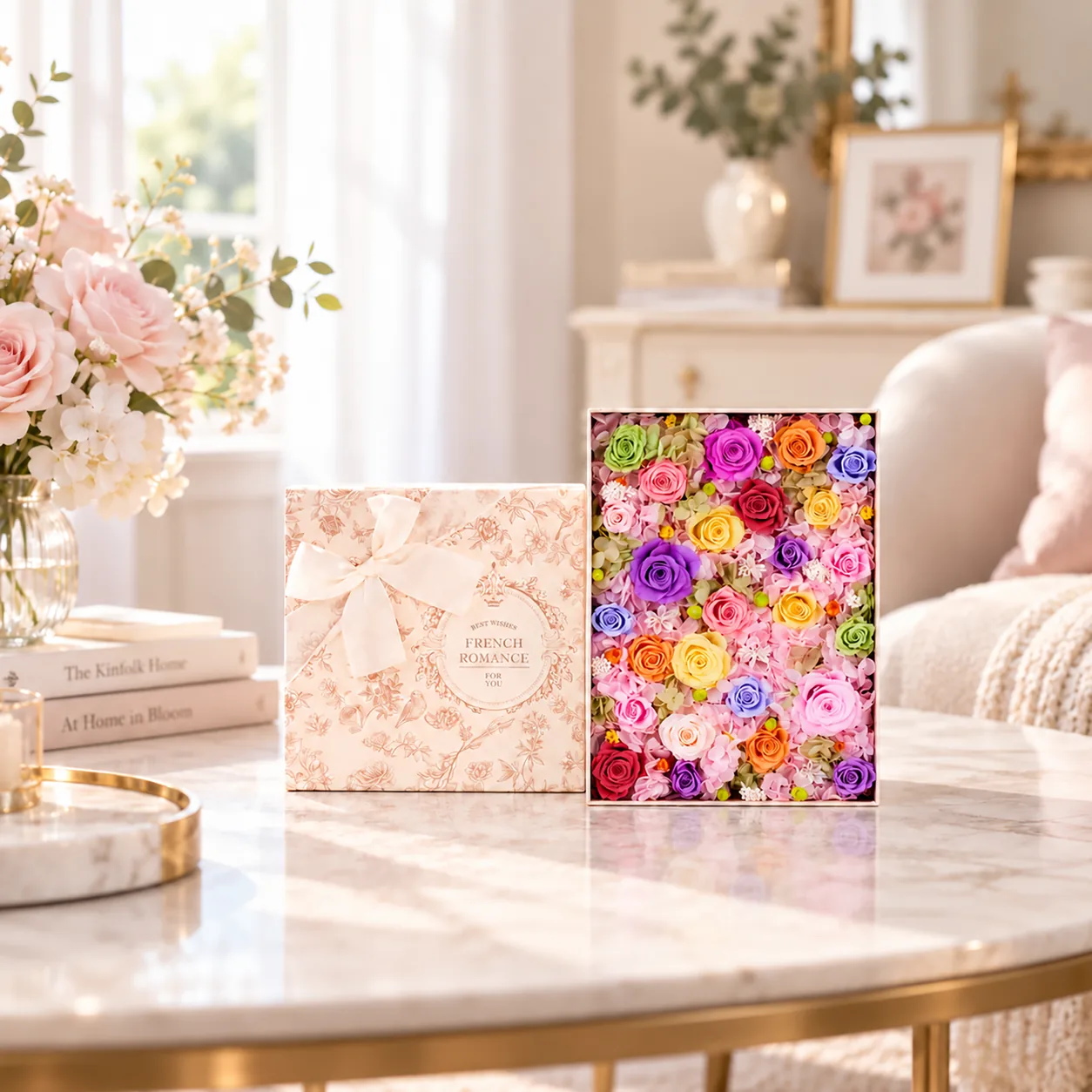 French Romance Rainbow Flower Box on a desk