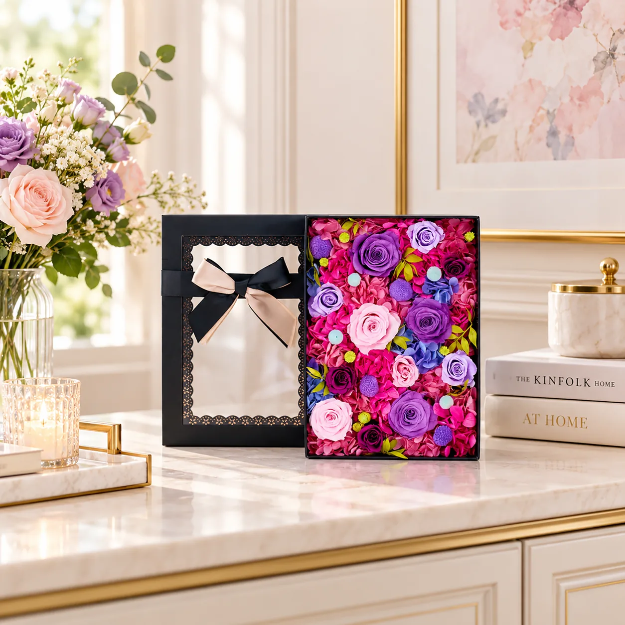 Fuchsia Night Flower Box on a desk