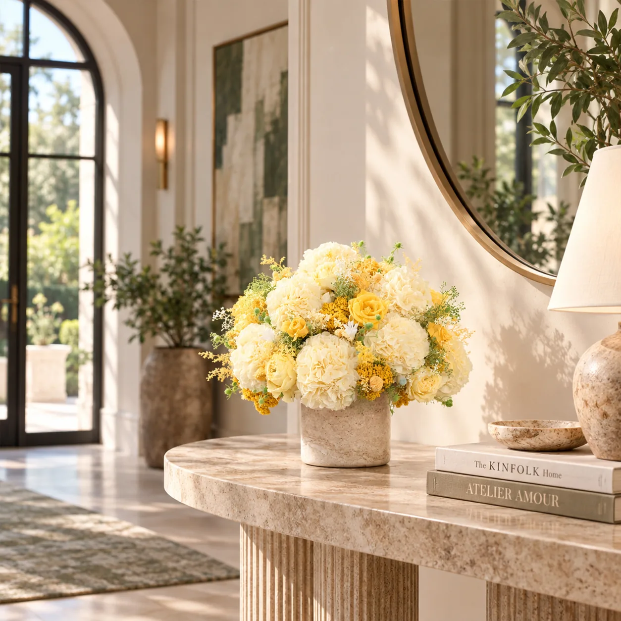 Golden Hydrangea Marble Arrangement on a dining table