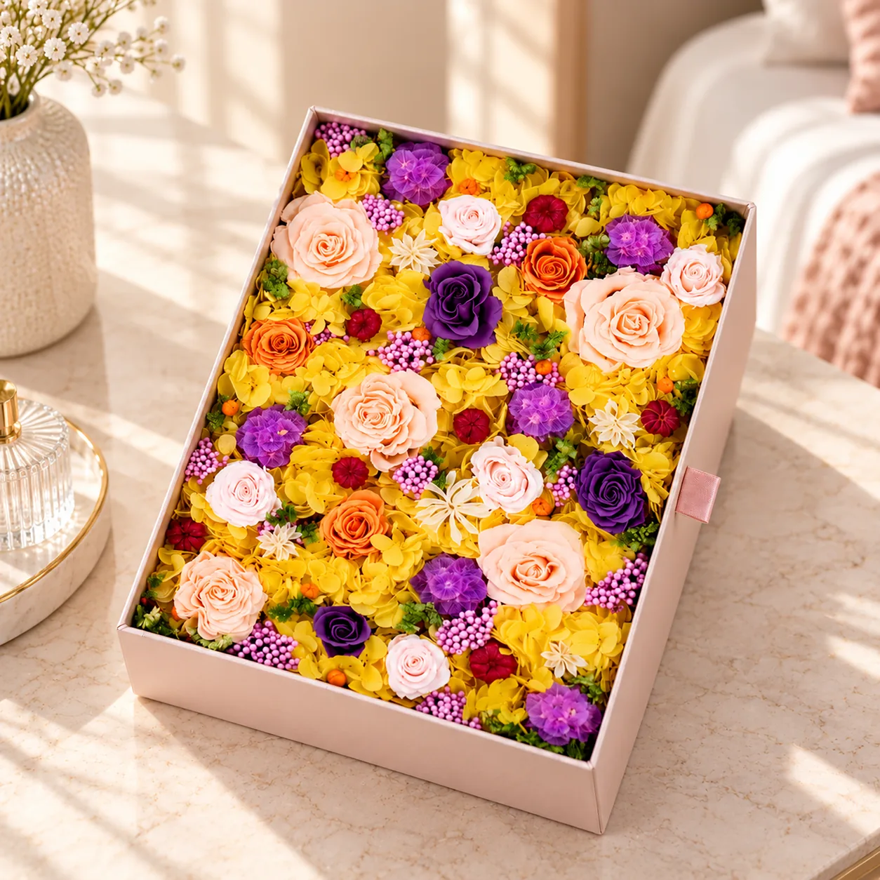 Golden Meadow Flower Box on a desk