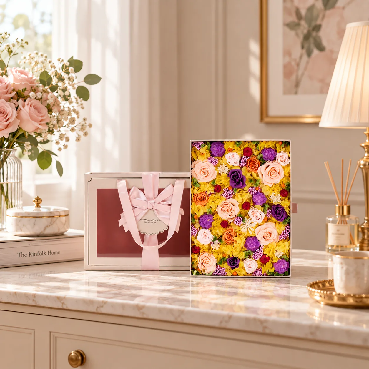Golden Meadow Flower Box on a desk