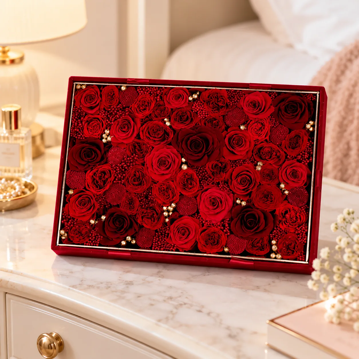 Grand Red Velvet Flower Box on a desk