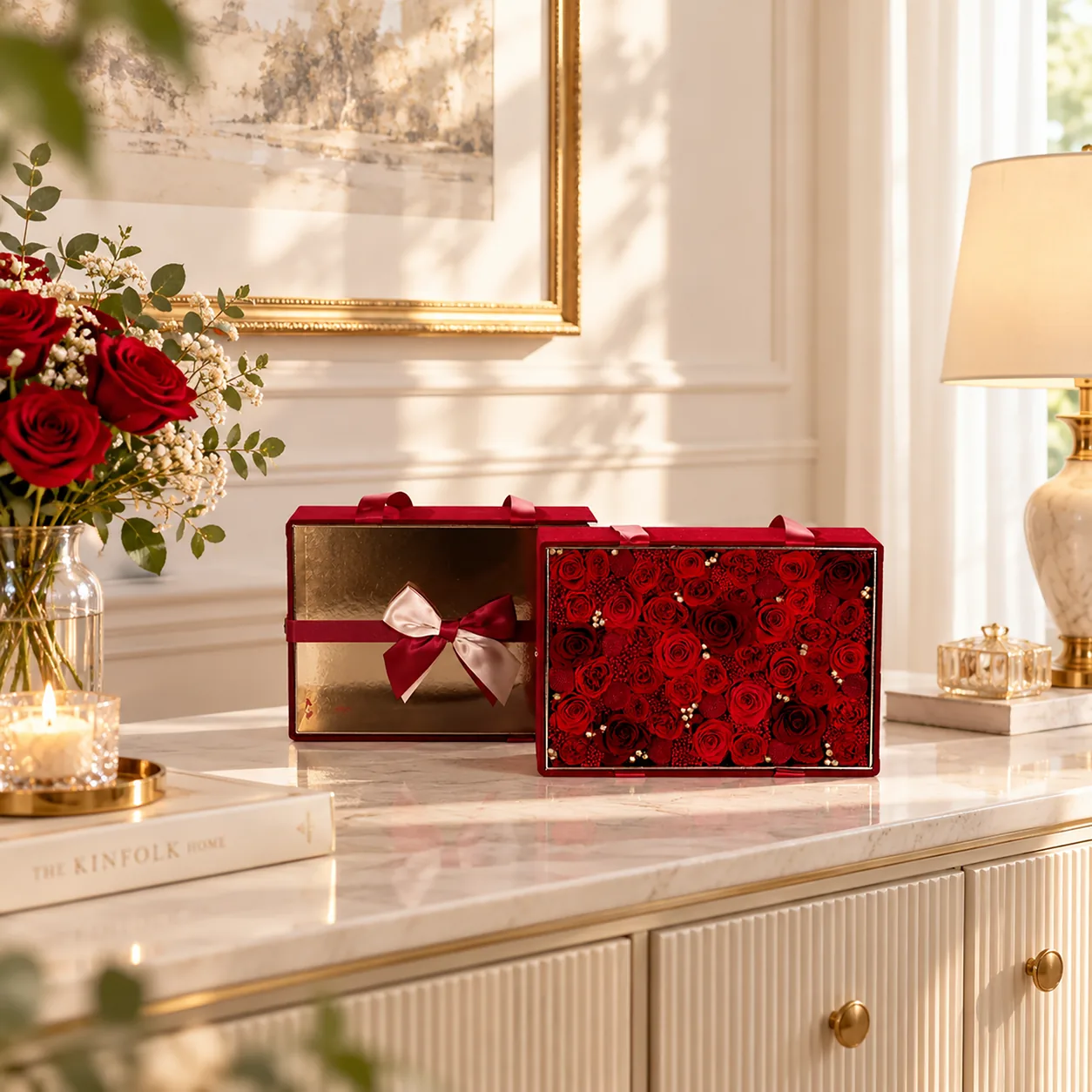 Grand Red Velvet Flower Box on a desk
