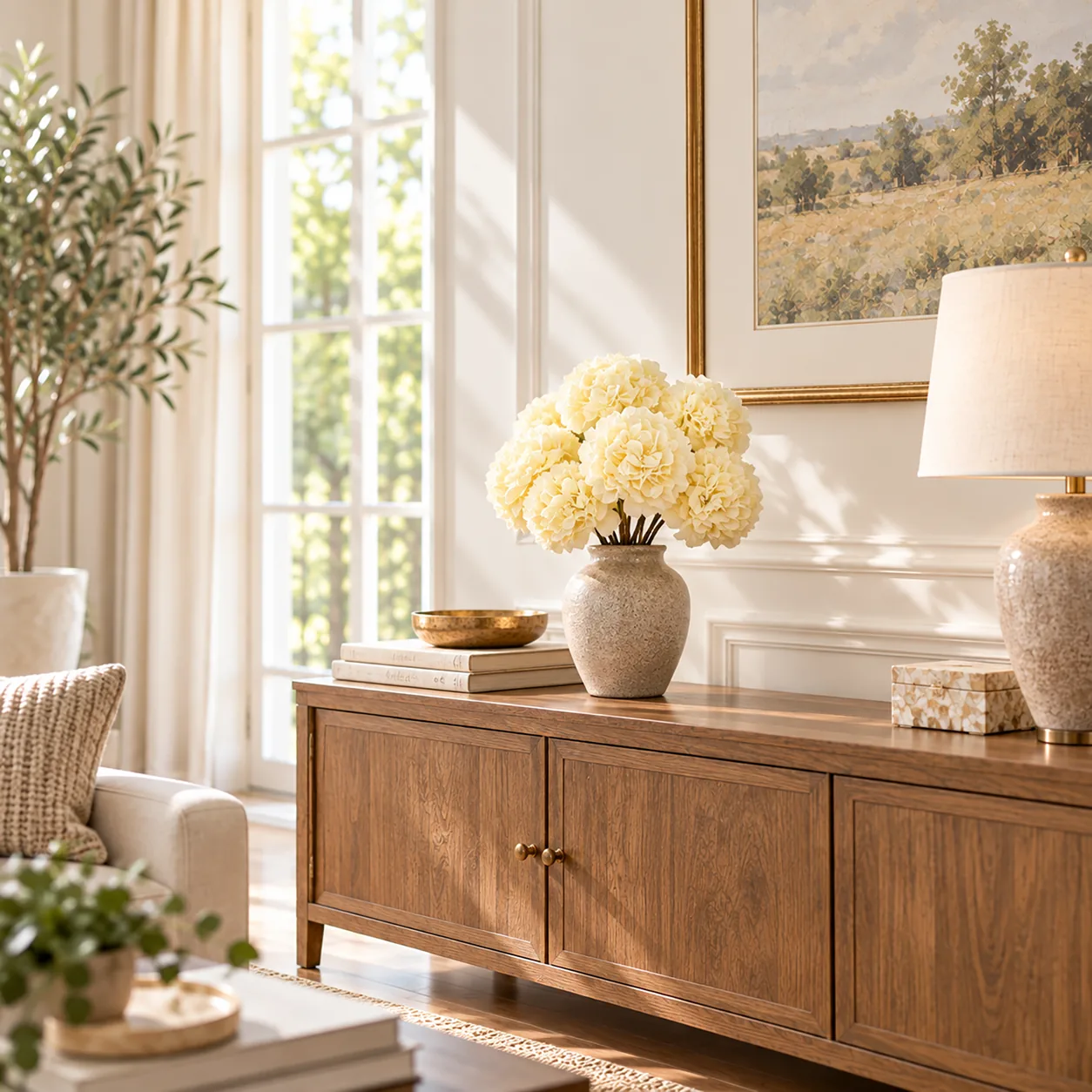 Ivory Cream Hydrangea Stems on a dining table