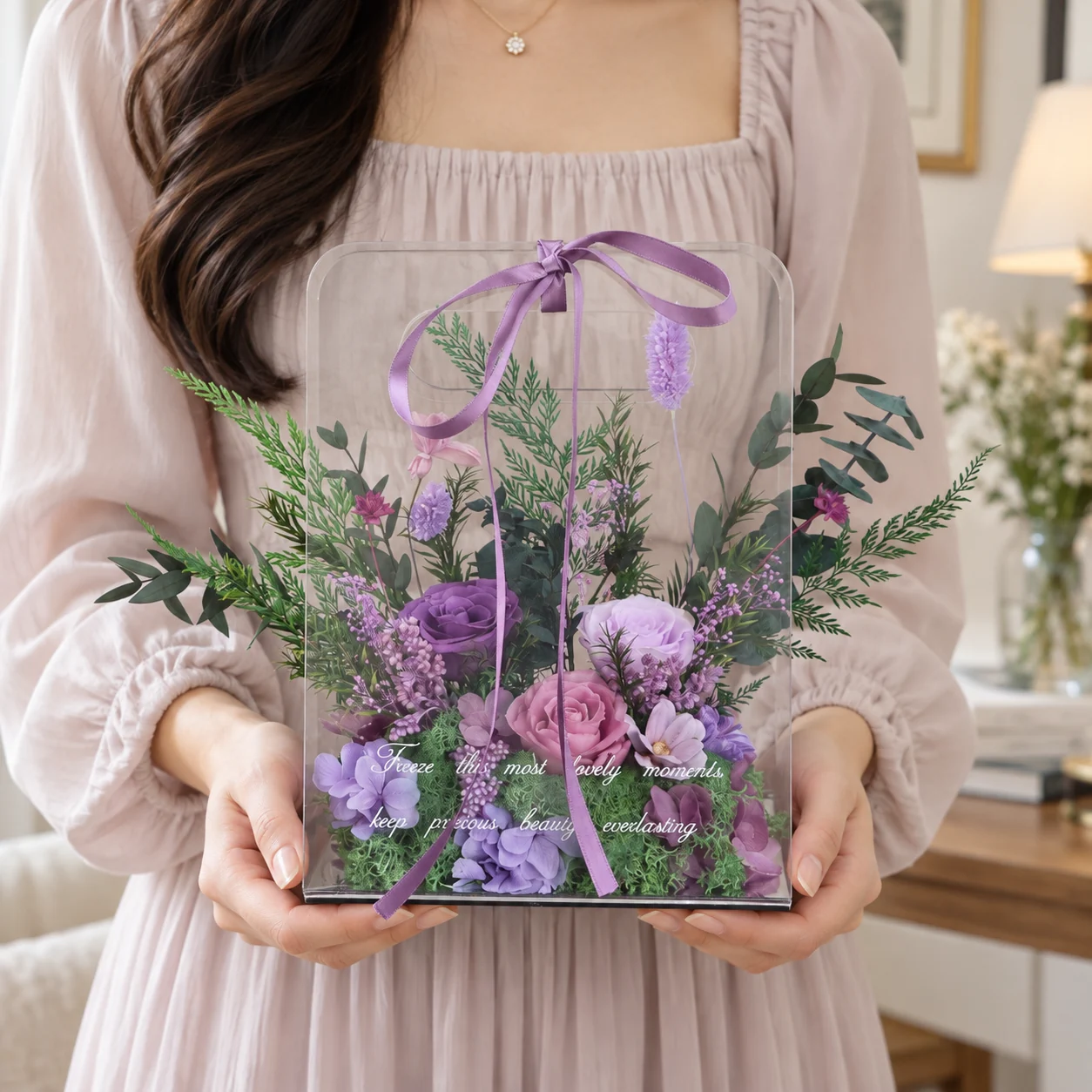 Lavender Acrylic Tote Flower Box on a desk