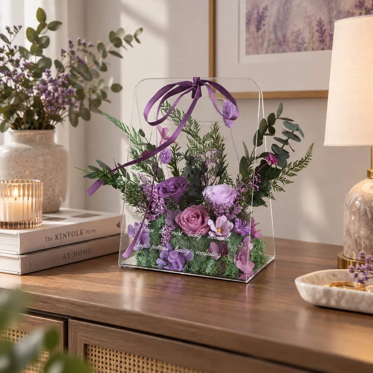 Lavender Acrylic Tote Flower Box on a desk