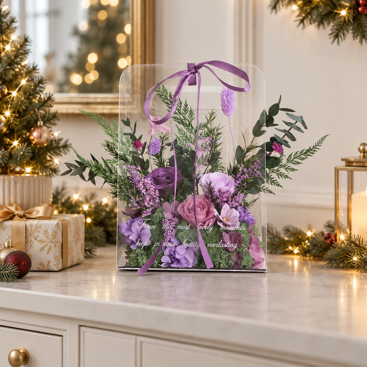 Lavender Acrylic Tote Flower Box on a desk