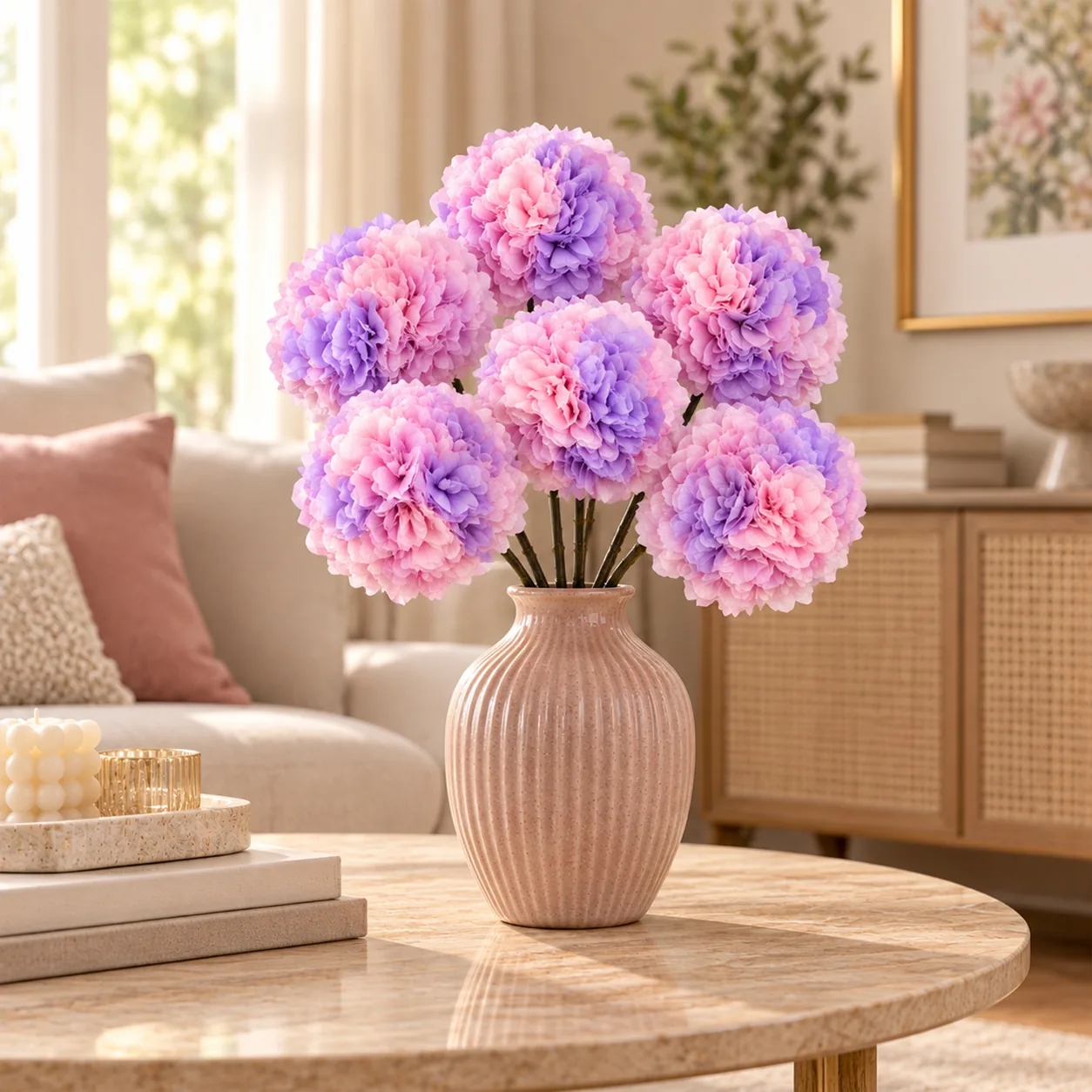 Lavender Pink Hydrangea Stems on a dining table