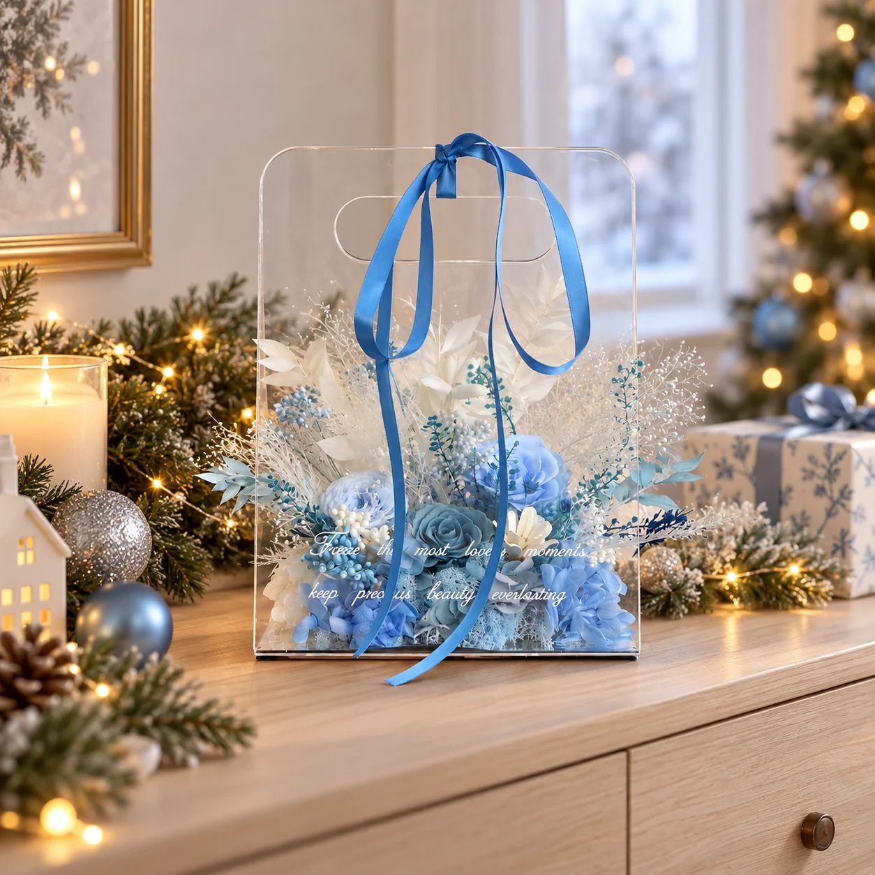 Ocean Blue Acrylic Tote Flower Box on a desk