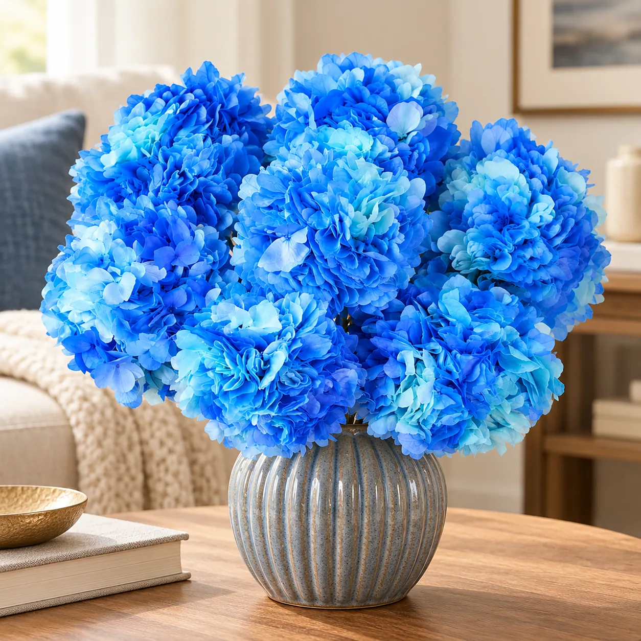 Ocean Blue Hydrangea Stems on a dining table