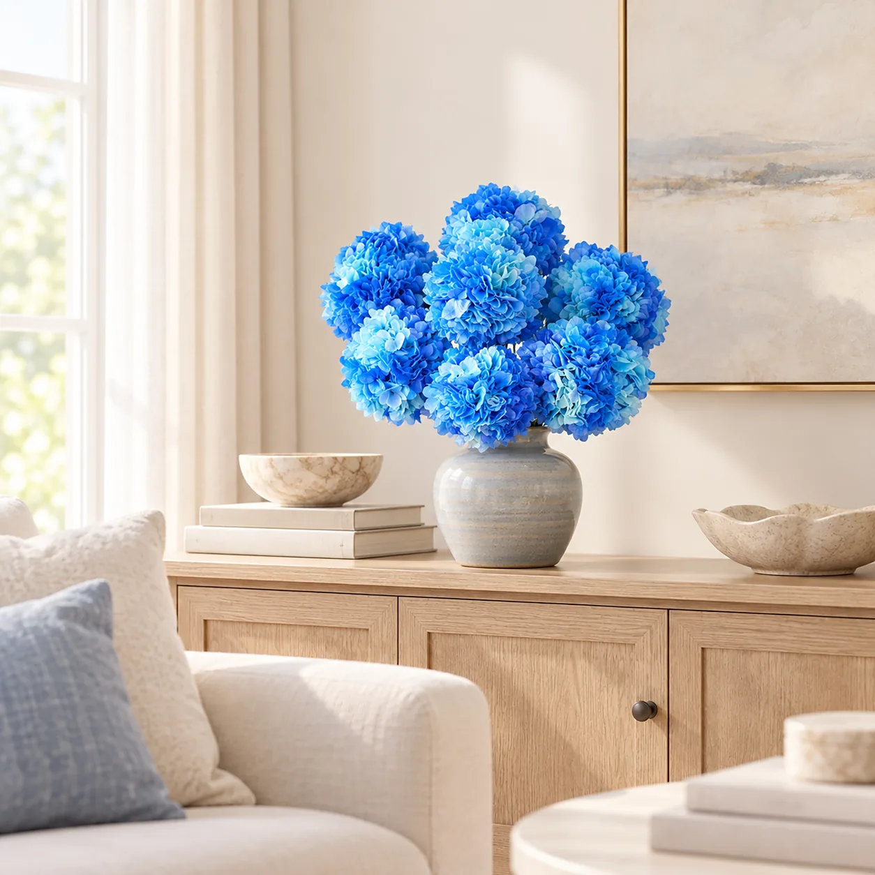 Ocean Blue Hydrangea Stems on a dining table