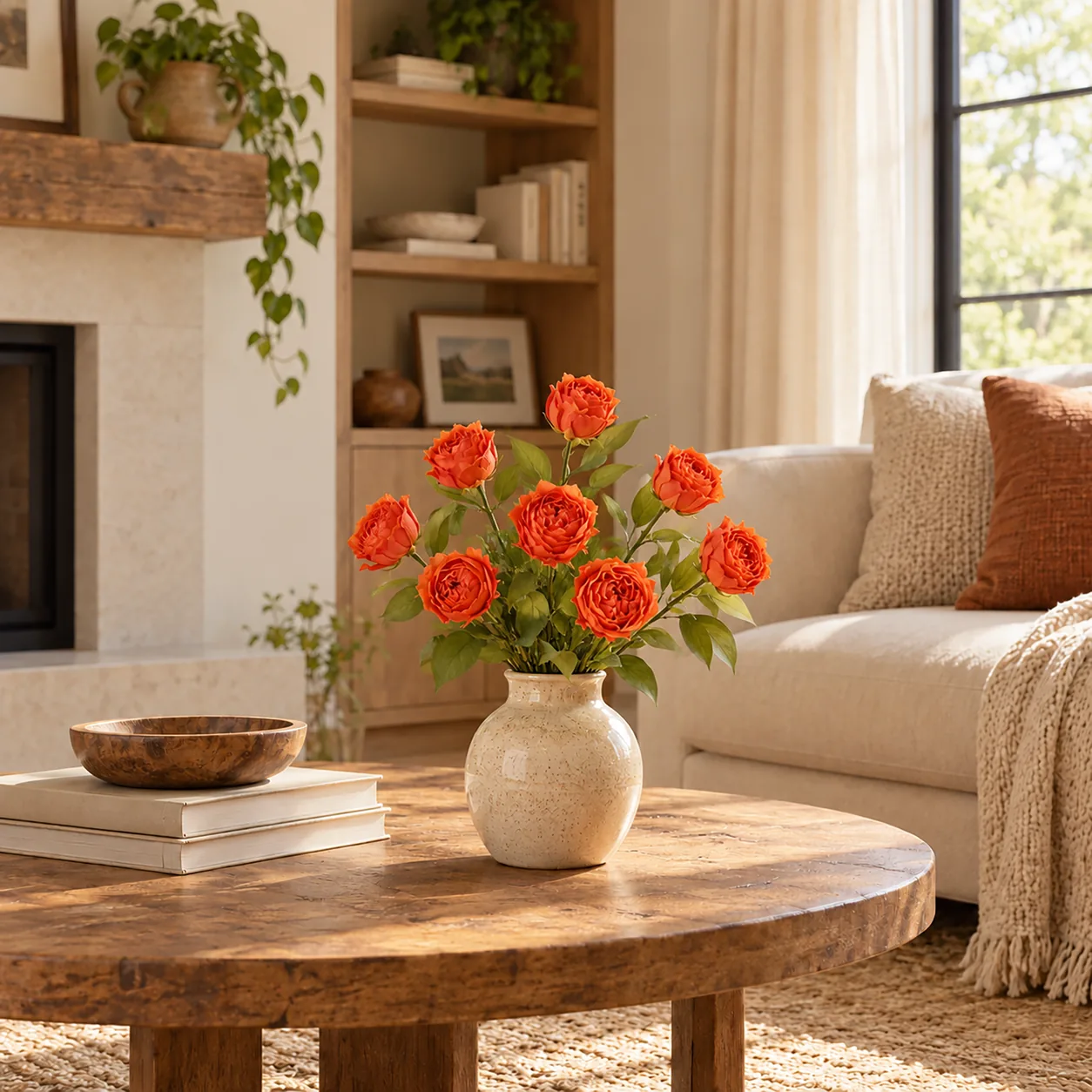 Orange Garden Rose Stems on a dining table